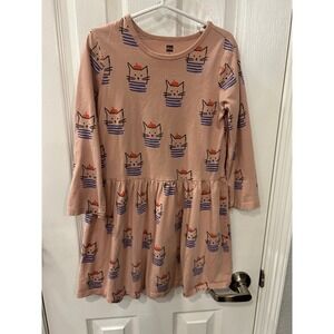 Tea Collection Dress Pink Cat‎ French Beret Long Sleeve Girls 8 Cotton bin B
